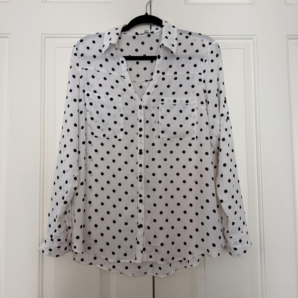 Express Shirt Womens L White Black Polka Dot Chiffon Portofino Button Up Blouse